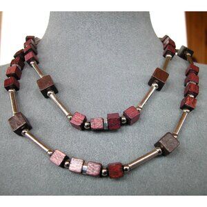 Handcrafted Wooden & Metal Beaded Necklace With Polished Cub., Cylindrical Accen